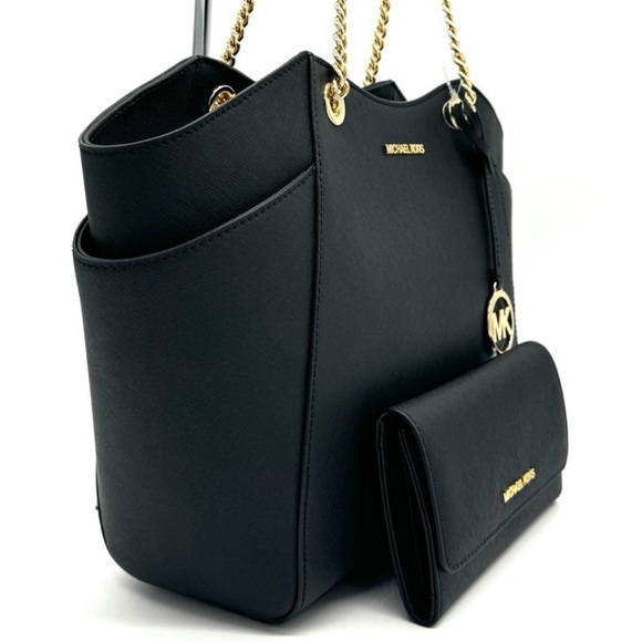 Michael Kors JST Large Chain Shoulder Tote Bag & Trifold Wallet Black/Gold - Picture 3 of 12
